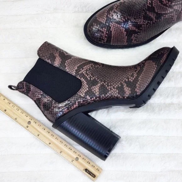 So Me  Brown Snake Print 4.25" Stacked Block Heel Slip On Ankle Boots - Picture 10 of 12